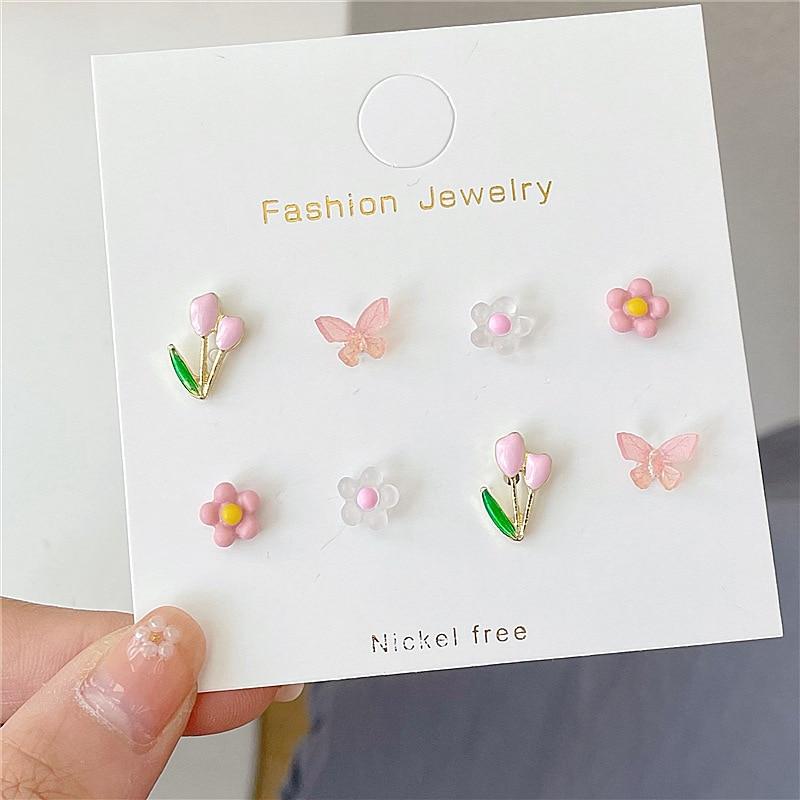 8 Pcs/set Girl Cute Acrylic Butterfly Flower Earrings Irregular Geometric Mini Studs Earrings Women Jewelry