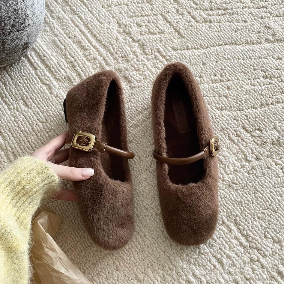 Real Wool Version~ Inner Height Increase 4cm Grape Ma Ballet Single Shoes Velvet Warm Fluffy Shoes Women Wear Mary Jane Shoes In Winter