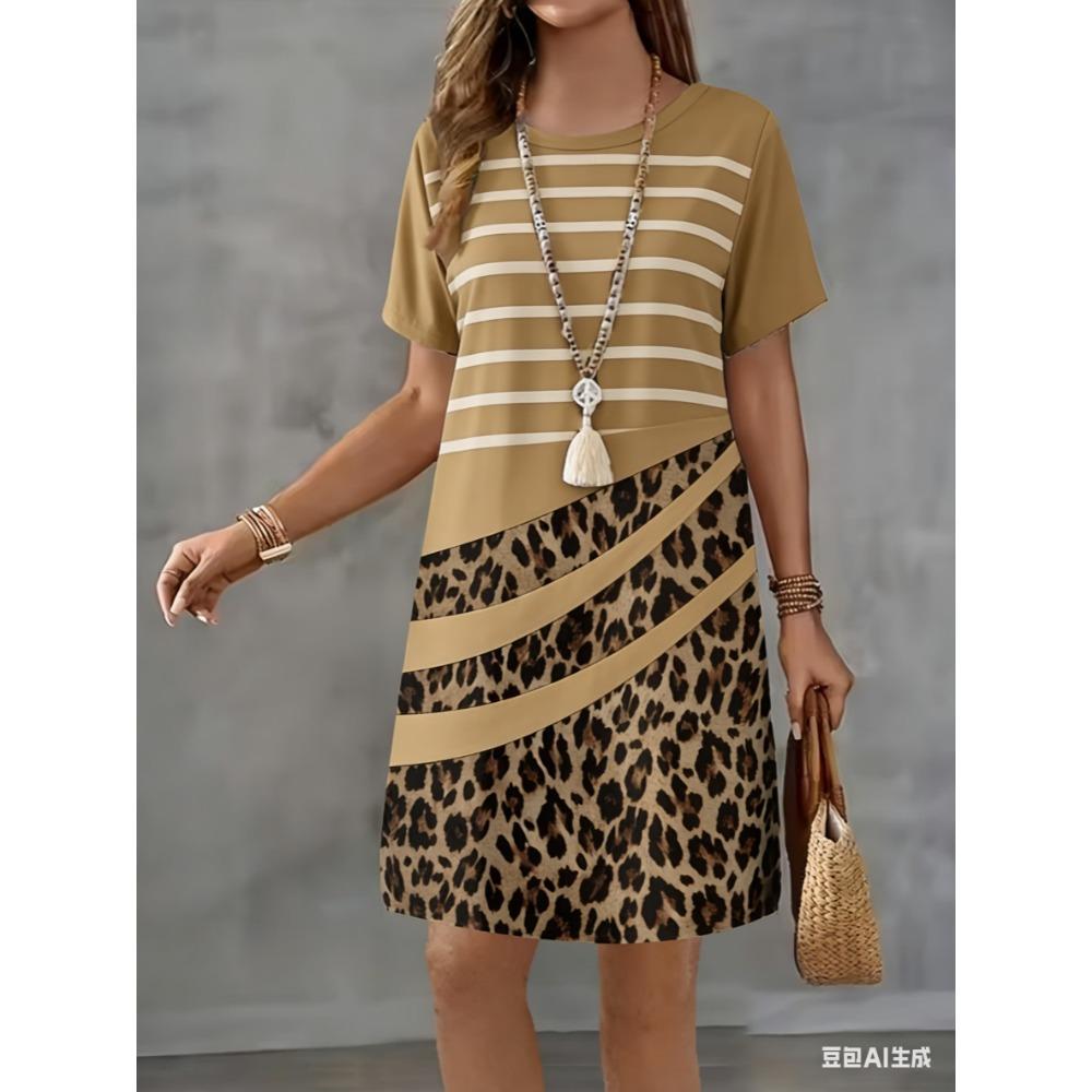 Short-sleeved fashionable yellow leopard print 3D printed women's round-neck loose mini dress for casual wear