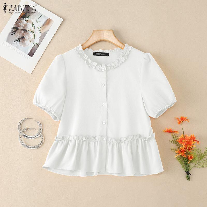 ZANZEA Kvinner Casual Rund Hals Sommer Kort Erm Bluse