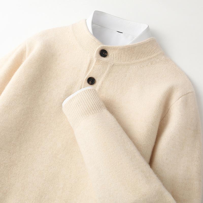 Men's High-End Business Casual 100% Pure Wool Thickened Round Neck Sweater with Buttons - Autumn/Winter Knitwear