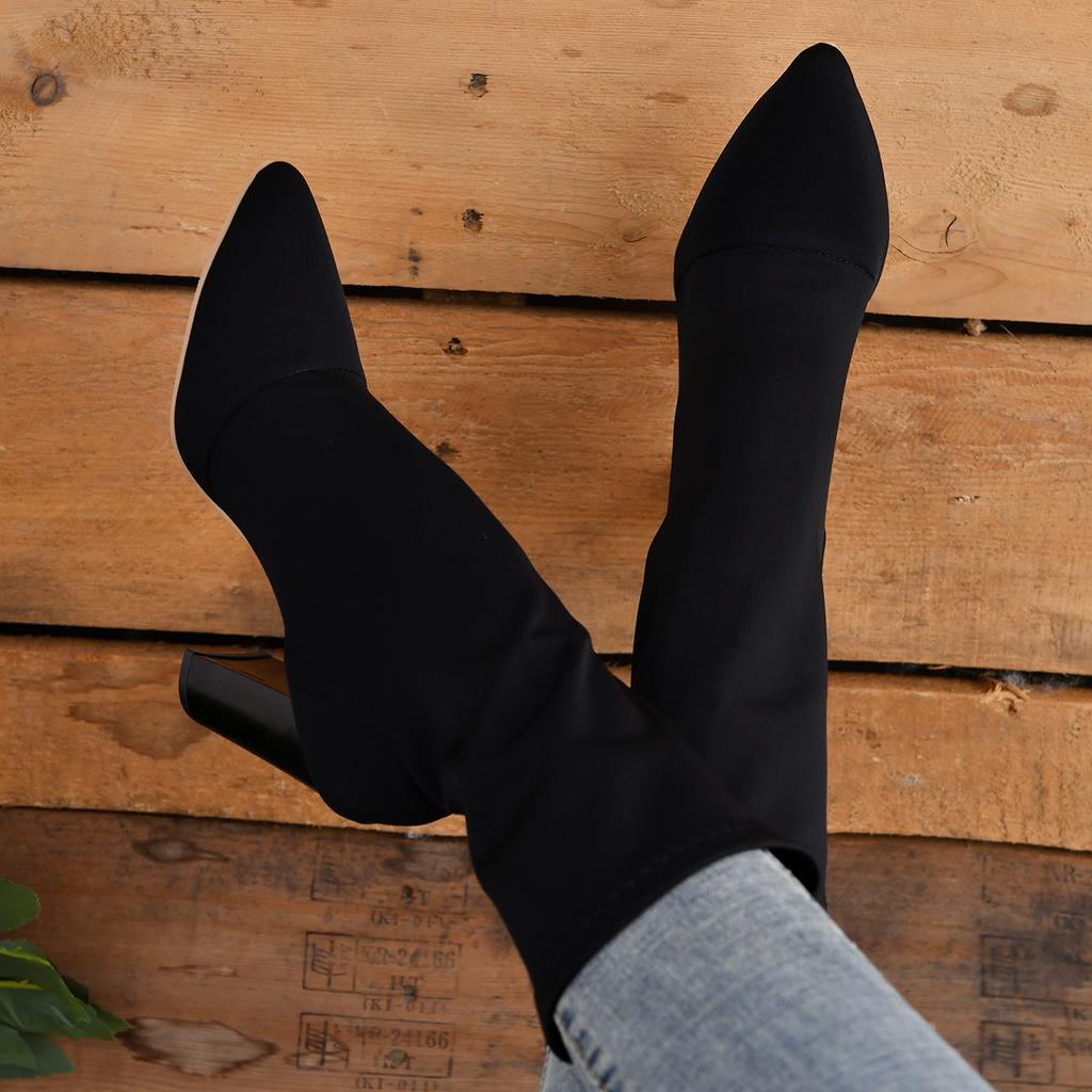 Ladies Shoes 2024 Fashion Women's Boots Square Heel Mid-Calf Ankle Boots for Women Pointed Toe Stretch Sock Boots Bota Feminina