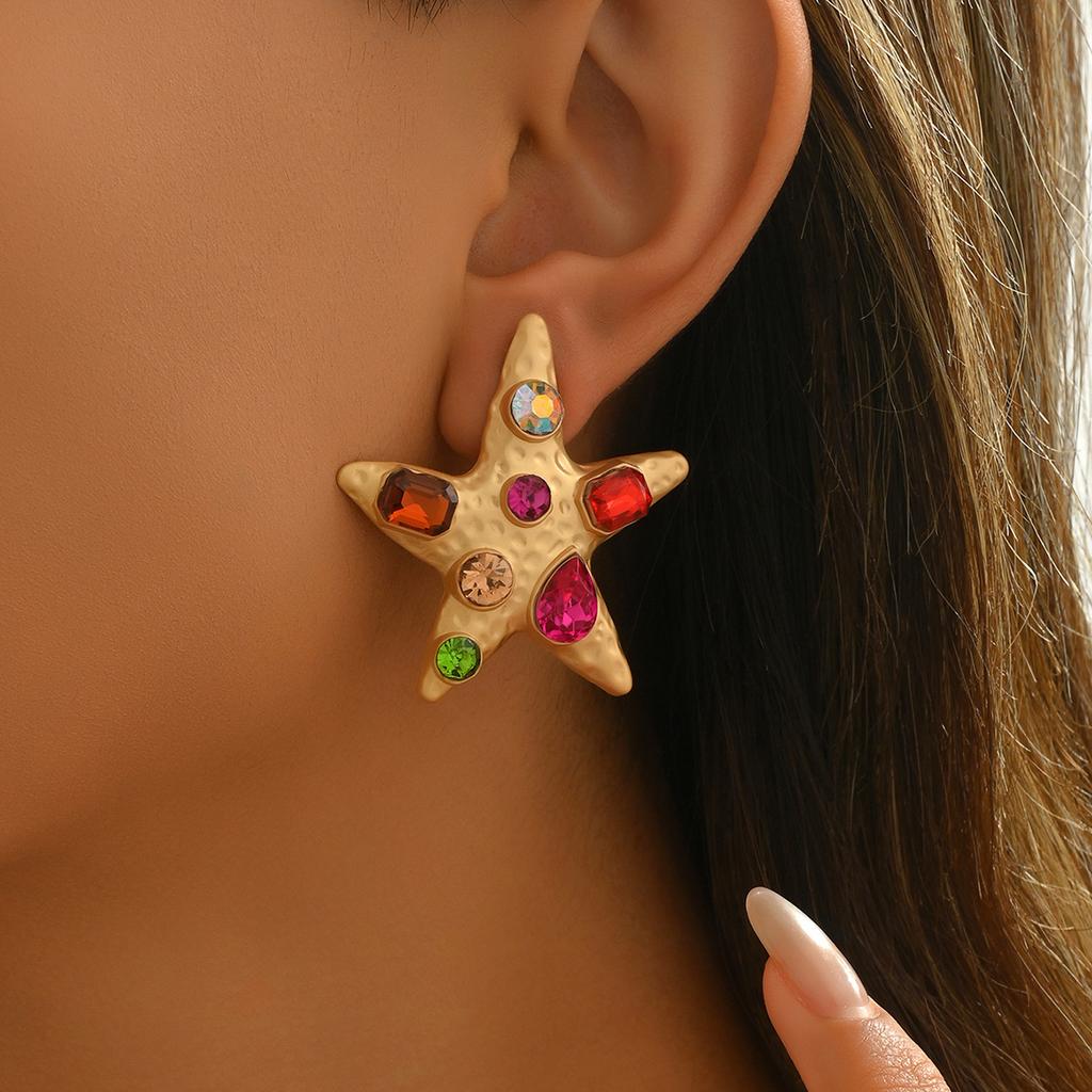 Women Boho Gold Starfish Colorful Zircon Ear Stud Earring