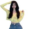 t-Shirt Summer Korean Version Of The Solid Color v-Neck Short Female Tshirt Slim Wild Knit Long-Sleeved Sun Crop Top