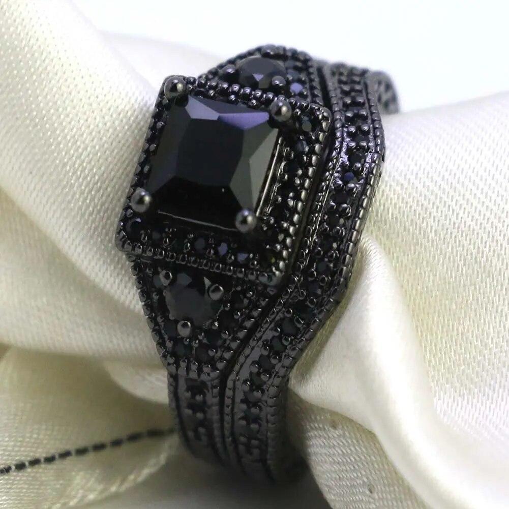 Charm Paar Ringe Romantische Schwarze Strass Weibliche Ringe Set Herren Zwei Reihen Schwarz CZ Stein Edelstahl Ring Hochzeit Schmuck