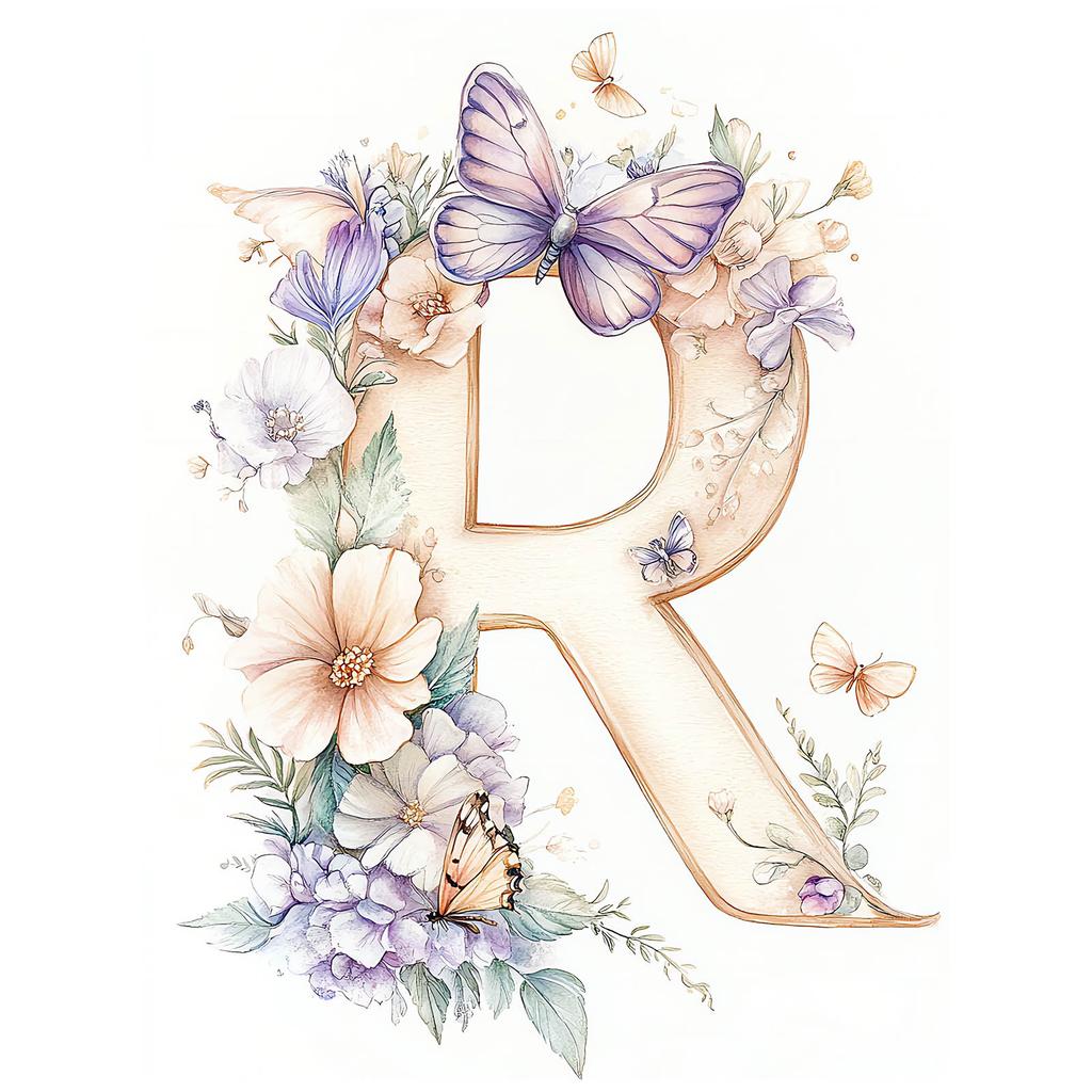 R som Glädje - Blommig Affisch R som Glädje - Blommig Affisch, 50X70 Cm, Ram av Ljust Ekträ, Matt Papper 230 Gsm