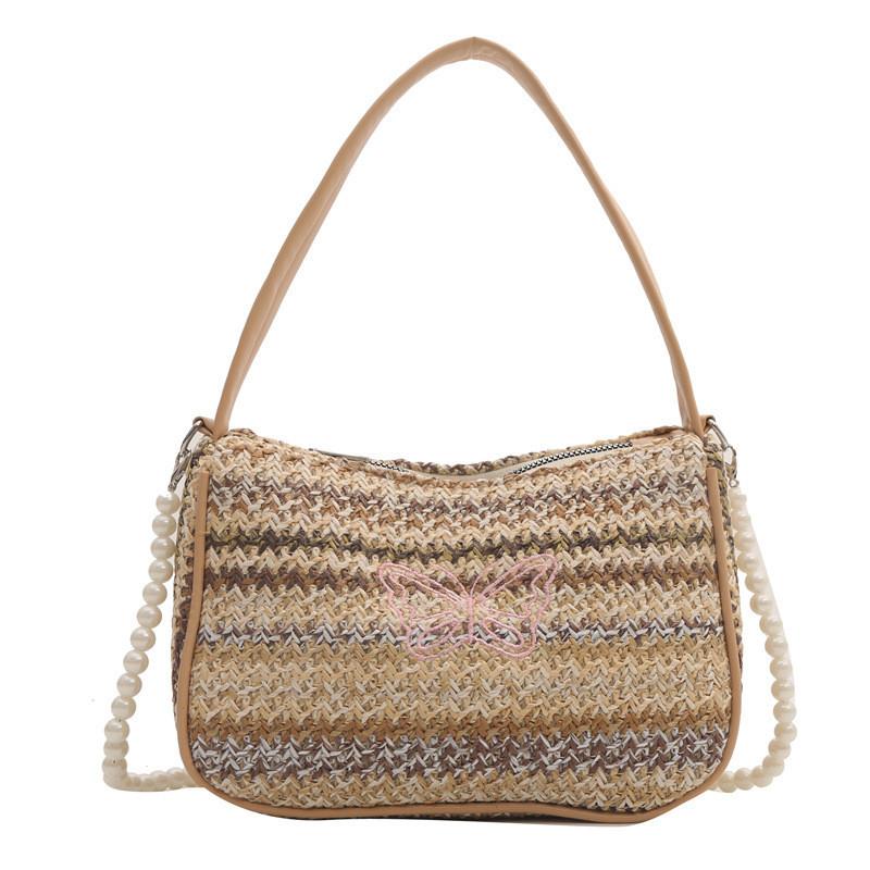 Stylish National Style Woven Bag With Pearl Chain Strap Small Shoulder Bag For Casual Outfits