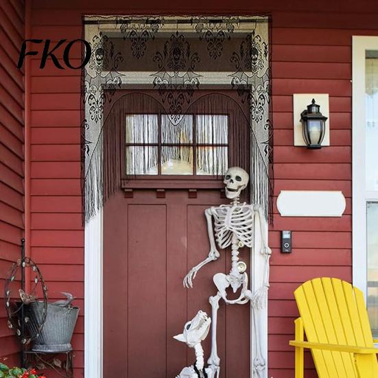 Atmungsaktiver Verandavorhang Halloween Gruseliges Fenster-Abschlussvorhang, Muster mit Totenkopf und Fledermaus Durchsichtiger Spitzenvorhang, Detaillierter Abschlussvorhang Lichtfilternd Gotisch für Wohn