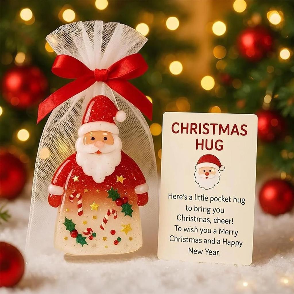 Little Pocket Christmas Hug Santa Claus Charm Keepsake Holiday Cards with Bags for Friends Family Kids Adults Women Girls