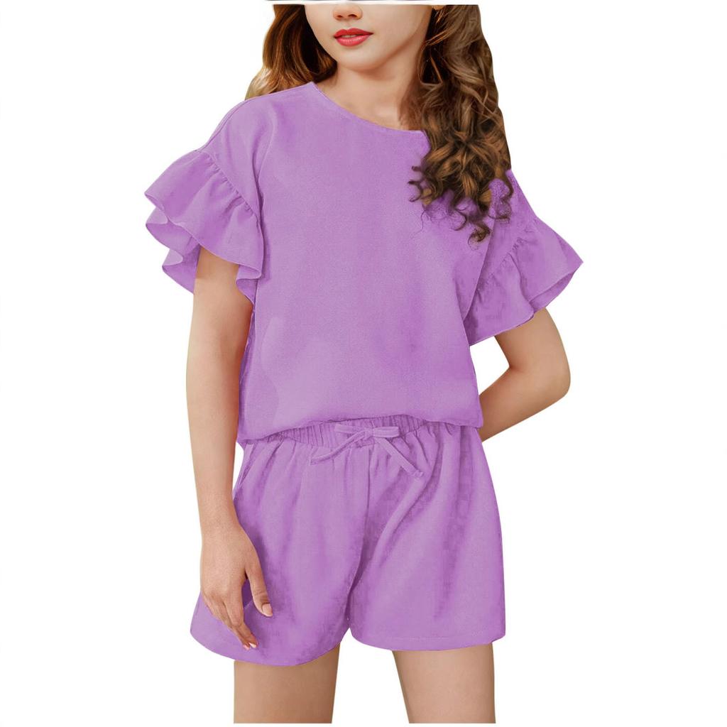 Girls' Summer Casual Set: Lightweight Solid-Color Casual Sports Top with Short Sleeves and Round Neck + Shorts (2-Piece Set)