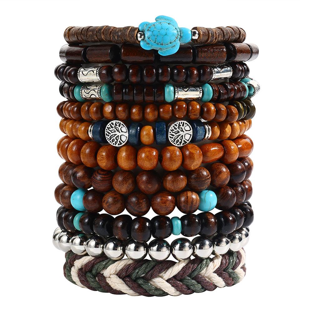 Hot-selling handmade beaded bracelets, men's retro ethnic style multi-layer stacked wooden beads, tree of life bracelet accessories