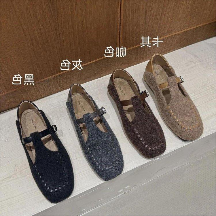 Retro Inner Height Increase Square Head Mary Jane Shoes Women's 2025 Autumn New Soft-soled Woolen Comfortable Single Shoes Ballet Shoes
