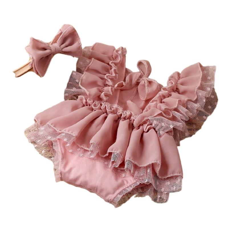 

Baby Photography Props Lace Dress Jumpsuit Bowknot Hairband Newborn Photo Props Photoshoot Hairband Infant Photo Outfit 1