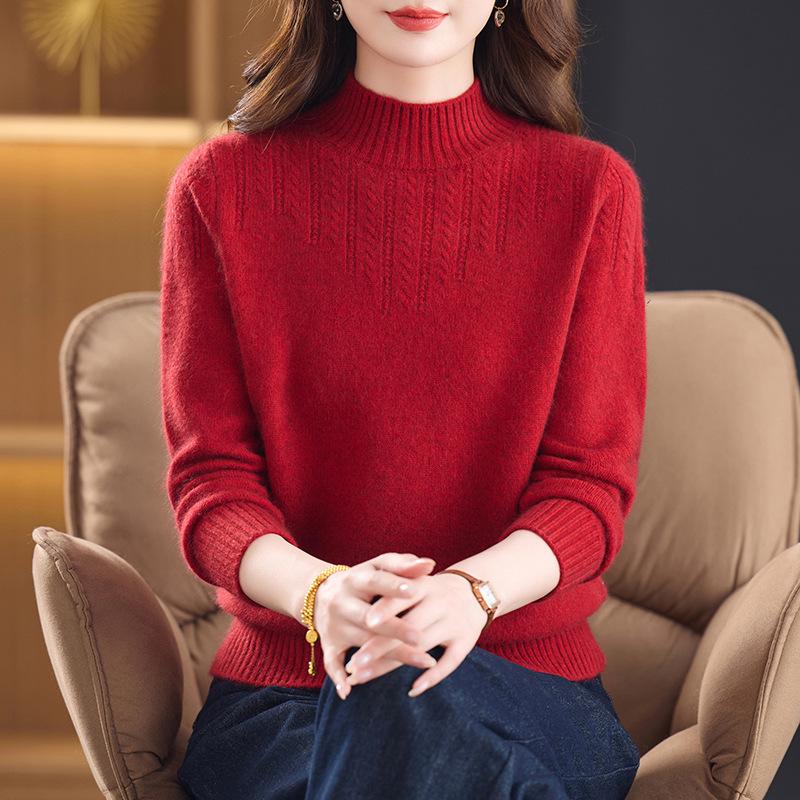 New Pure Wool Sweater for Middle-Aged & Elderly Women - Stylish, Warm, Half-High Collar, Thickened for Autumn/Winter