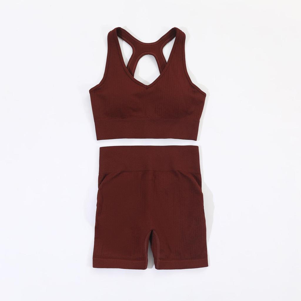 Spring Ribbed Seamless Yoga Suit - Women's Sexy Sports Fitness Set with Hip-Lifting Shorts