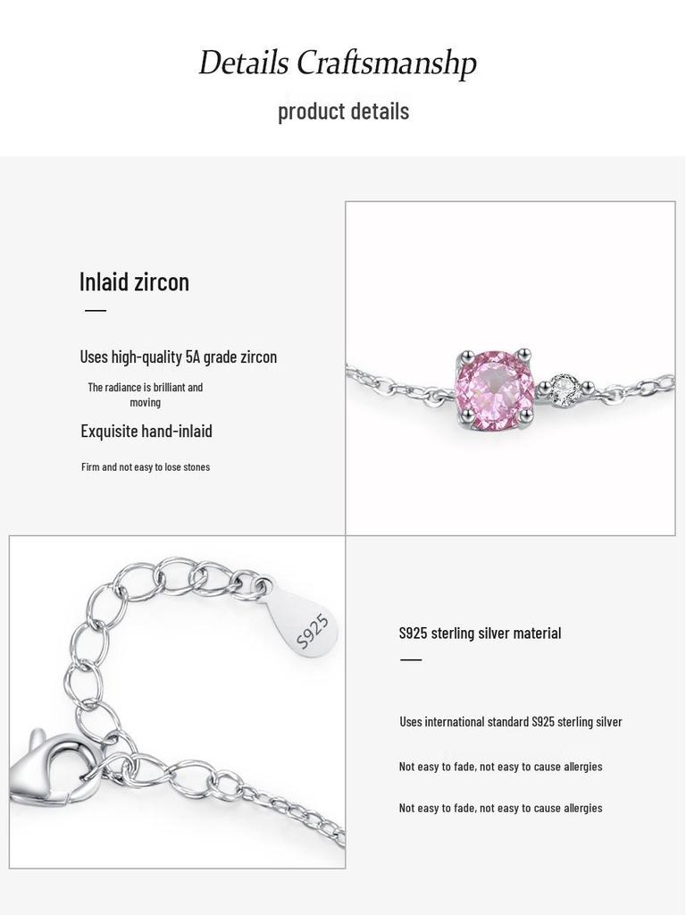 S925 Sterling Silver Cherry Blossom Pink Sugar Cube Bracelet - Women's Korean Simple Versatile Design