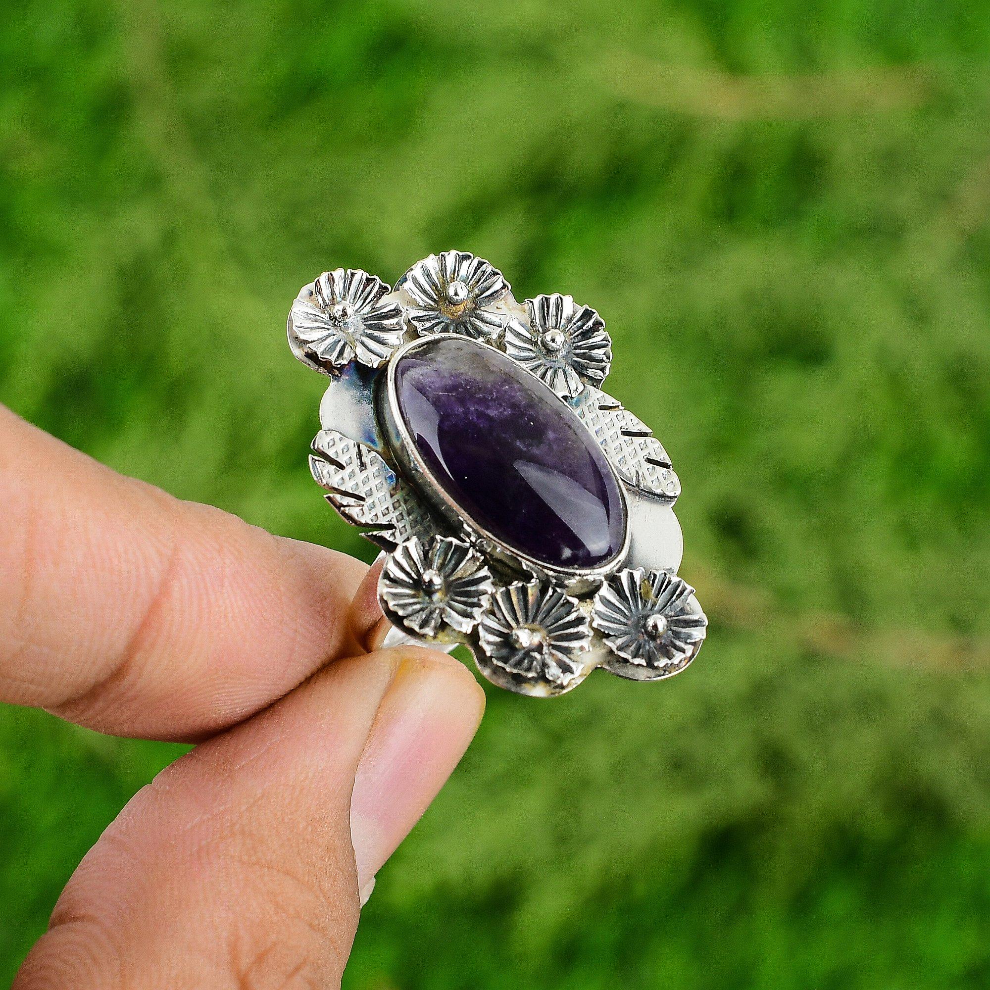 

Подарок для нее Натуральный шевронный аметист Кольцо-обещание Цветок Регулируемое кольцо Серебро 925 пробы Adjustable