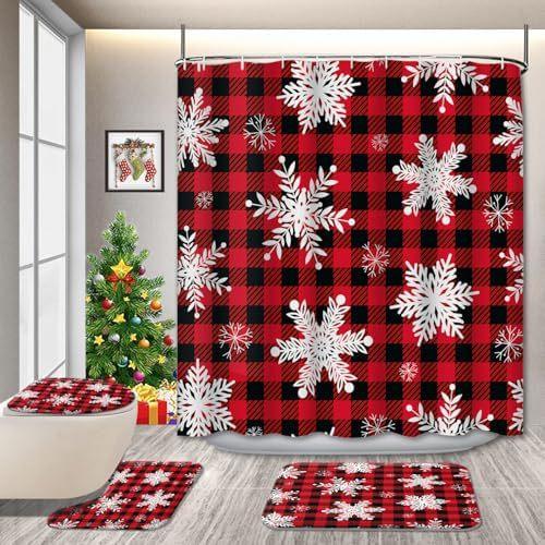 Christmas 4-Piece Bathroom Curtains Christmas Tree Snow Shower Curtain Non-Slip Bath Mat U-Shaped Bathroom Mat Toilet Cover