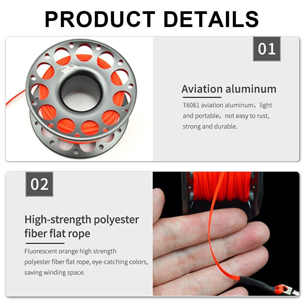 Scuba Diving Aluminum Alloy Spool Finger Reel 15M 30M with Stainless Steel Double Ended Hook for Cave Dive Equipment