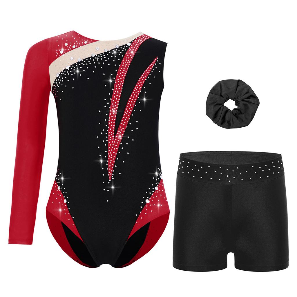 Girls Rhinestone Color Block Asymmetrical Leotard Round Neck Gymnastics Skating Outfit Set