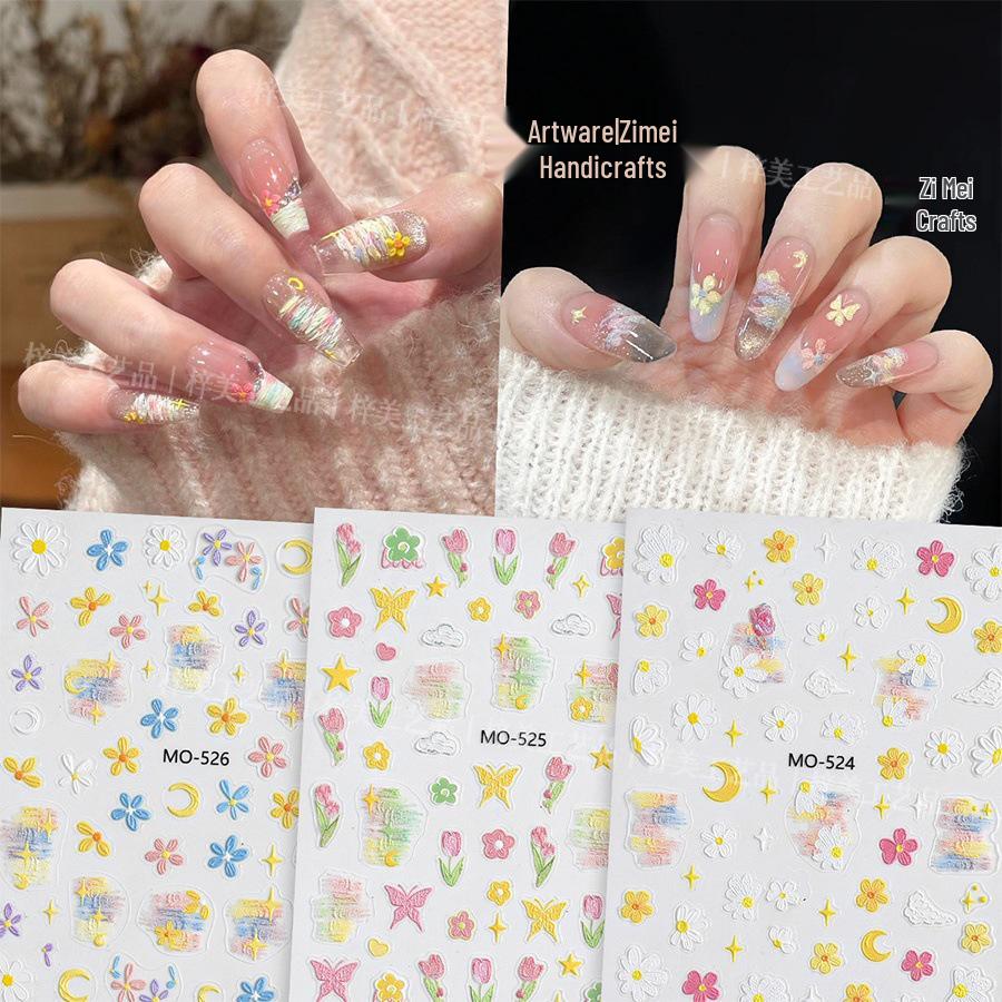 

Colorful Hand-Painted Floral Nail Art Stickers - Fresh Embossed Oil Painting Decals