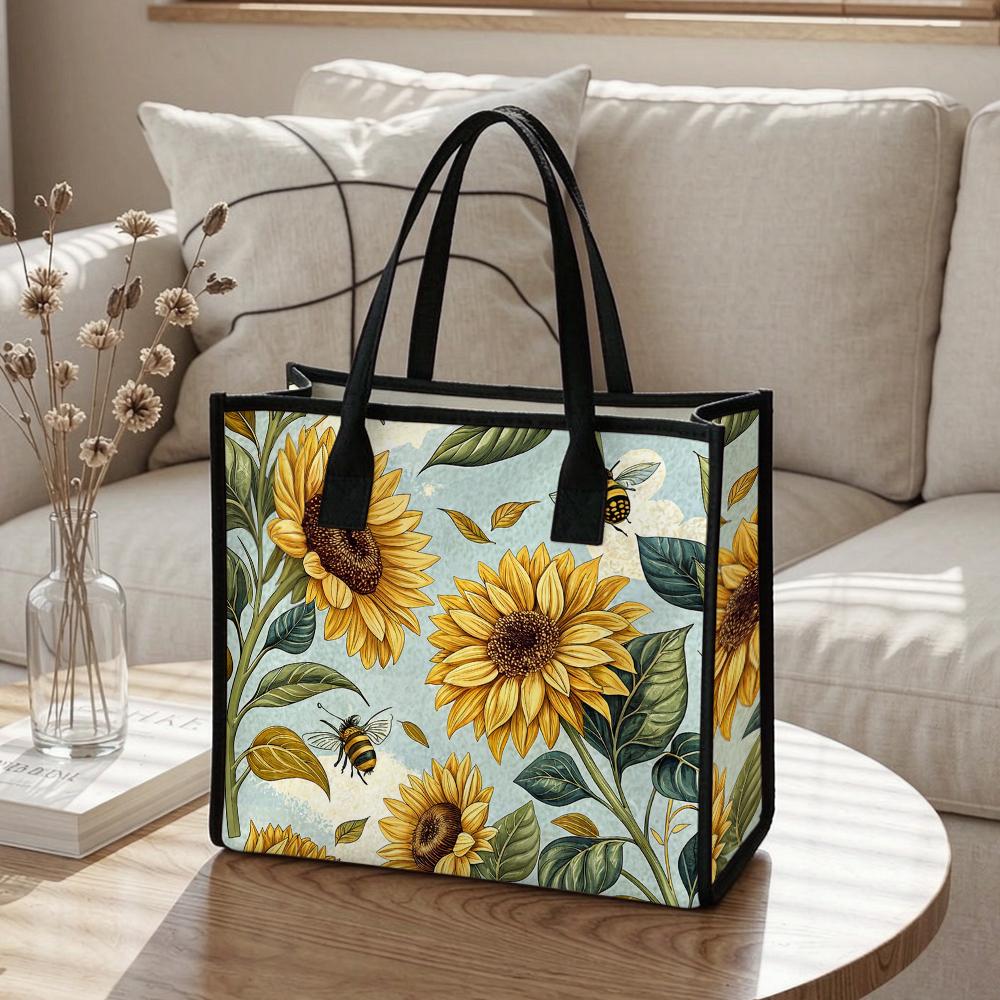 Sunflower Bee Printed Tote Bag Casual Stylish Daily Use Handbag for Ladies
