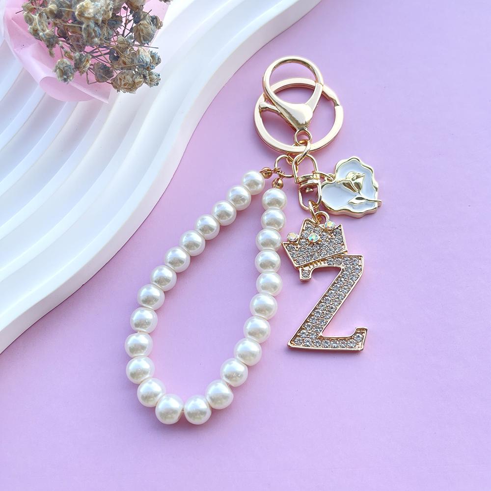 Boutique Crown A-Z 26 Initial Letters Rose Keyring Crystal Faux Pearl Resin Beaded Keychain Bag Pendant Women Girl Gifts Jewelry