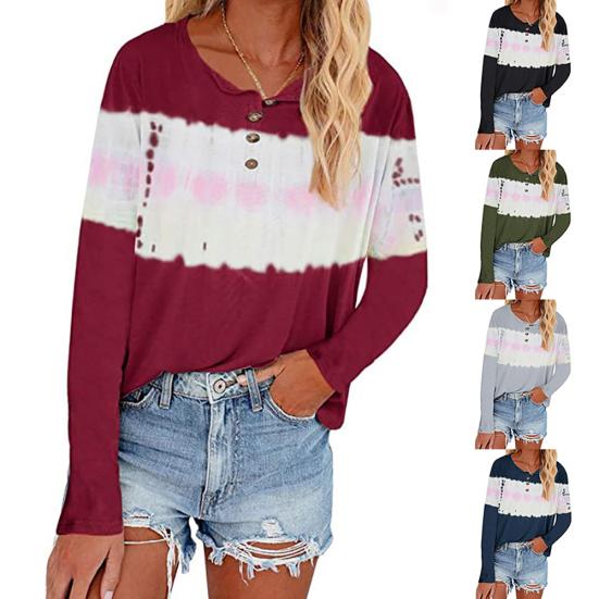 

Women Casual Long Sleeve Color Block Button O Neck Pullover T Shirt