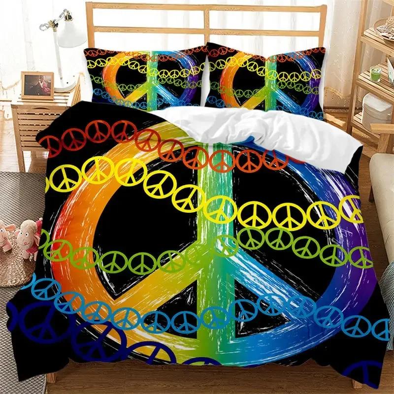 3D Hippie Peace Symbol Colorful Pattern Chic Exotic Flower Comfortable Duvet Cover Pillowcase Bedding Set Children Home Textile