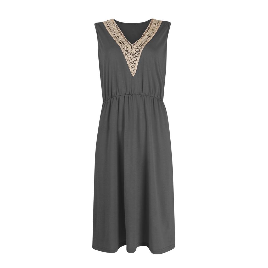 Women's Summer Color V-Neck Lace Sleeveless Casual Dress