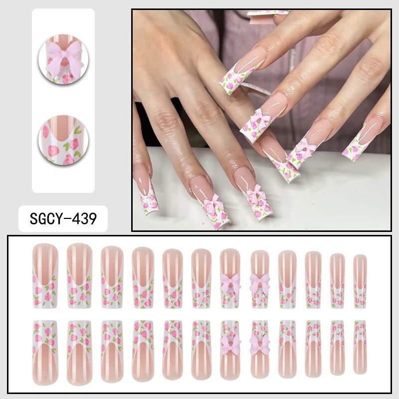 Long Water Drop Shape Pink Floral Press-On Nails With White French Tip Sweet Ins Style Fake Women