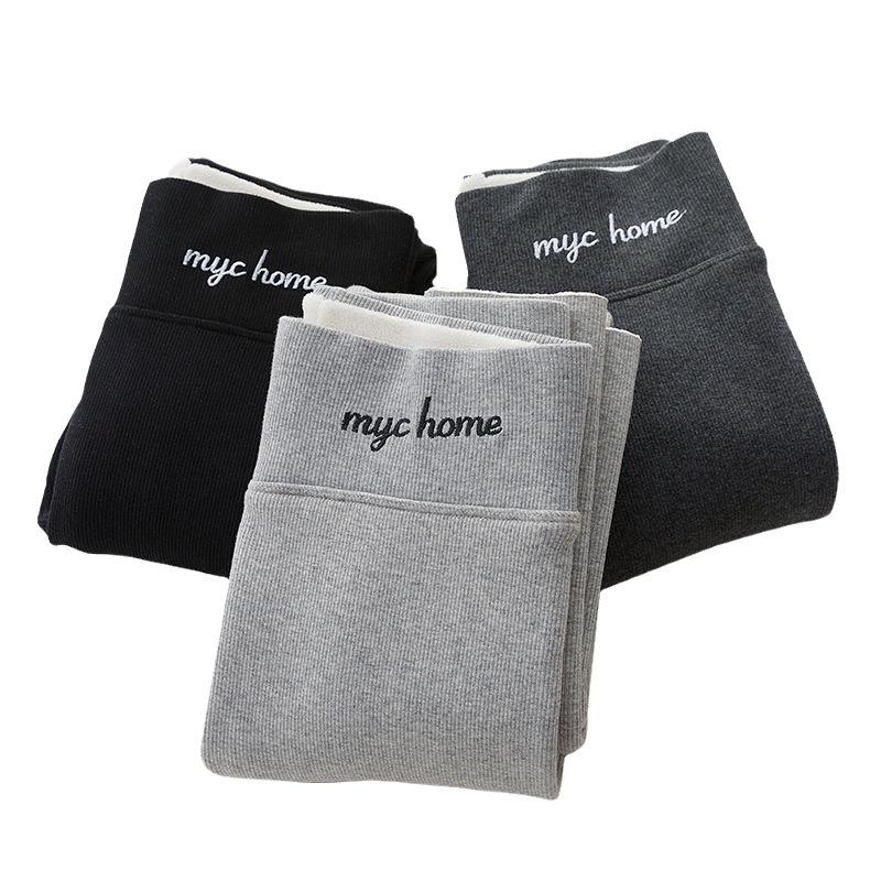 Winter Fleece Lined Leggings Women Tight Ankle Pants Gray Ribbed Slimming Sherpa Thick Warm Cotton Trousers