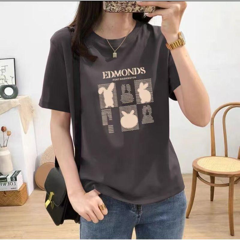

150.00kg Extra Large Western Style Loose Slimming Top Half Sleeve T-shirt 100.00kg Chubby Girl New Shoulder Fashion Short sleeve Gray Six Rabbits 2XL