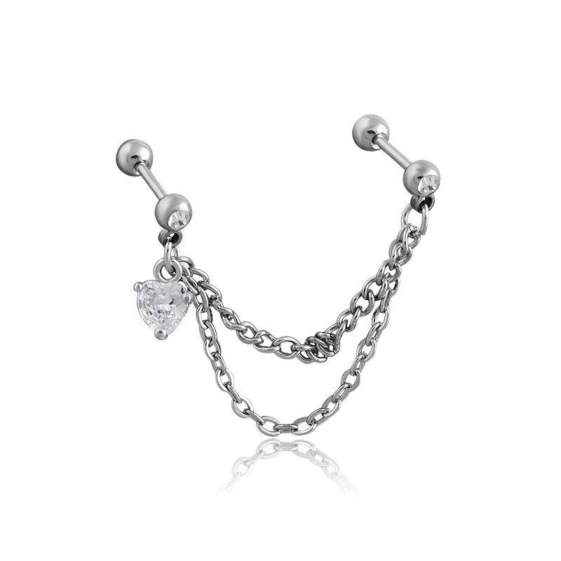 Trendy European & American Titanium Steel Double Chain Heart Zircon Ear Cuff Earrings for Women