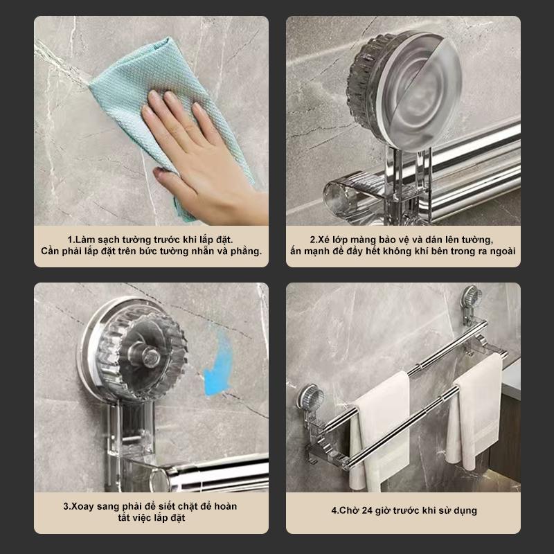 Double Layer 56-94cm Suction cup wall mounted towel rack, Non Perforated bathroom storage rack, bathroom single-pole towel rack