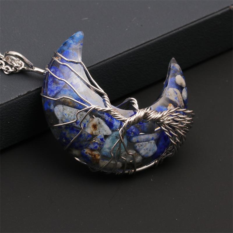 Natural Crystal Moon Pendant Necklace Tree of Life Amethyst Reiki Polished Mineral Jewelry Healing Stone for Men Women Jewelry