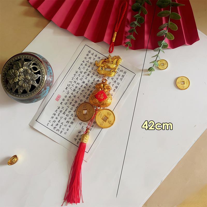Chinese New Year Gold Color Plastic Horse Pendant Long Red Tassel Ornaments For Car Home Decor Lucky Charm Hanging Decoration