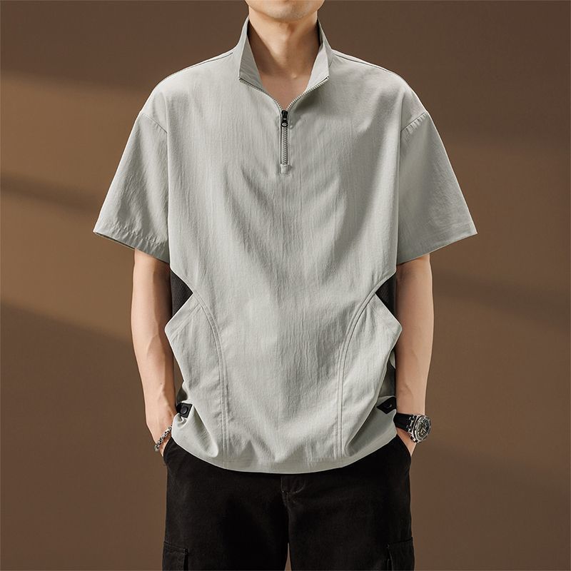 Summer High Street Cool Men's Polo Shirt Thin Short Sleeve T-Shirt Loose Ice Silk Collarless Shirt Japanese Style Loose Fit