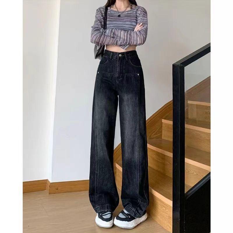 

Women s Plus Velvet Thickened High Waist Wide Leg Jeans - Black Gray, Slimming, Straight, Floor Length. L