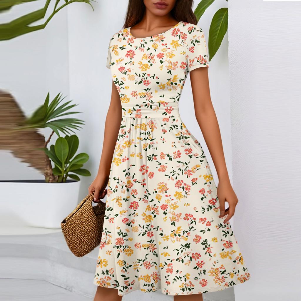 Women's Casual Fashion Round Neck Pleated Short Sleeve Floral Print A-Line Midi Dress