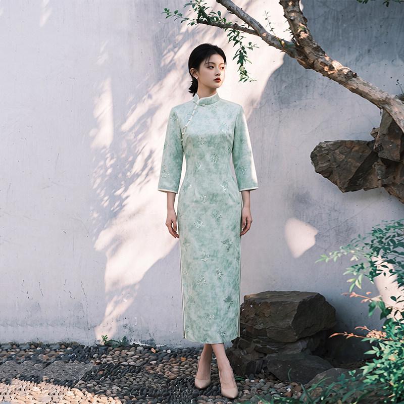 Green New Chinese Suzhou Long Sleeve Cheongsam Mid Sleeve Improved Young 1011 New Women's Premium Spring and Autumn
