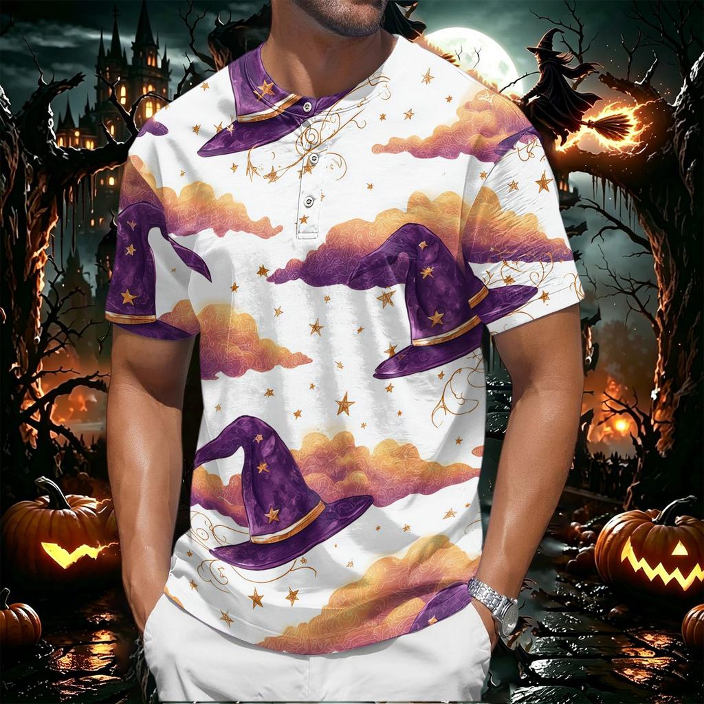 Men's Halloween Print Crew Neck Short Sleeve Top with Pumpkin and Web Pattern Casual Fit T Shirt for Daily Wear