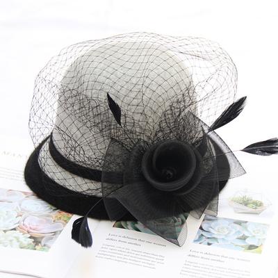 2023 Herbst und Winter Wollhut Feder Netz Blume Retro Topfhut Damen Elegant Vielseitig Zylinder Modehut