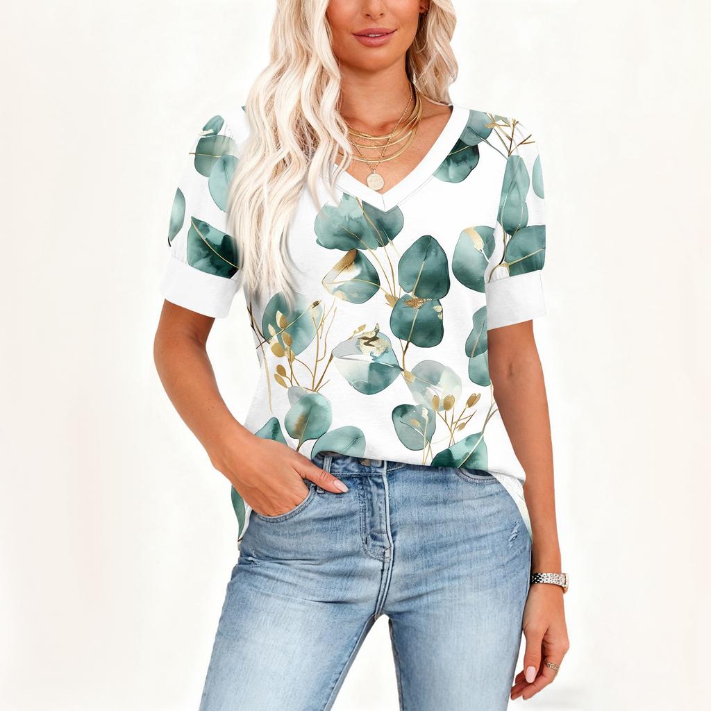 Dámská Módní Ležérní V-výstřih Krátký Rukáv Potisk Košile Dámské Horní Díly