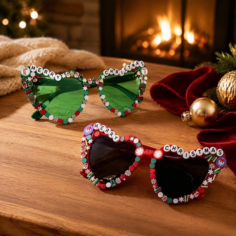 Merry Christmas Heart-shaped Frame Sunglasses Imitation Pearl Cat Eye Eyewear Gift Souvenirs