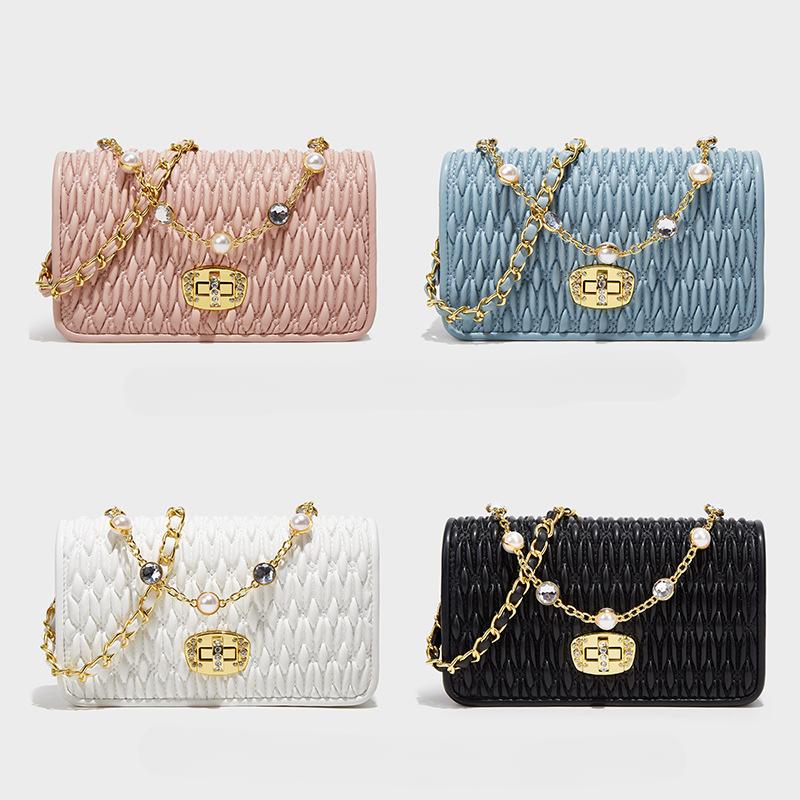 Spring and Summer New Korean Style Fashionable Pleated Small Square Bag Simple and Easy To Match Pearl Chain Small Bag Women's Fashionable Trend