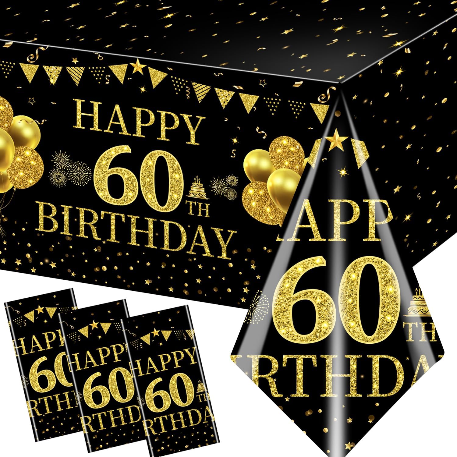 3 шт. Скатерть для 60-го дня рождения, Декорации, Декорации на 60-летие, Черно-золотая, Счастливого 60-летия, Скатерть для стола, Прямоугольная, Декорации для стола, 60-летие
