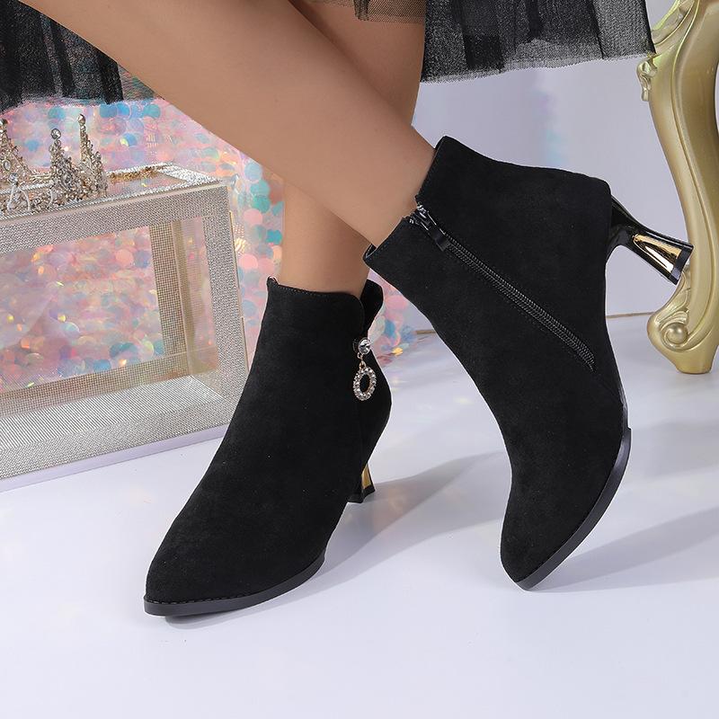 New thin-heeled mid-heeled pointed fleece boots and bare boots in autumn and winter, short tube, solid color high heel.