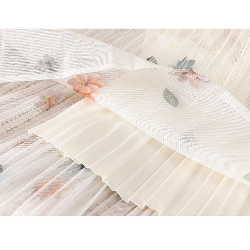 Qooth Retro Women Floral A Line Pleated Skirt Elegant Wide Hem Mid Length Elastic Waist Skirt QT2644