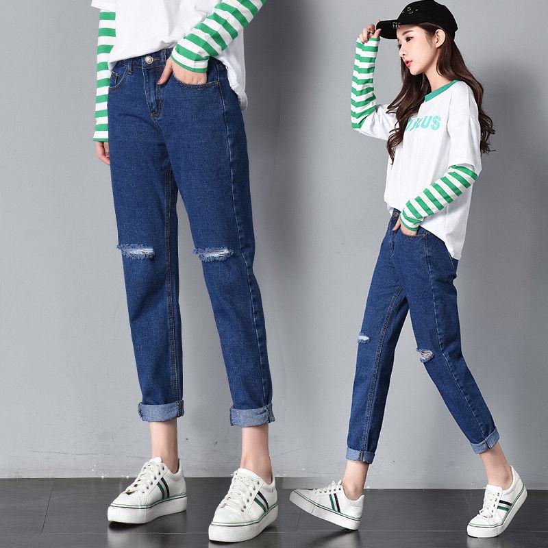 

WTEMPO Прямая эластичная дыра Джинсы Женские корейские джинсы Повседневные прямые брюки Летние женщины S